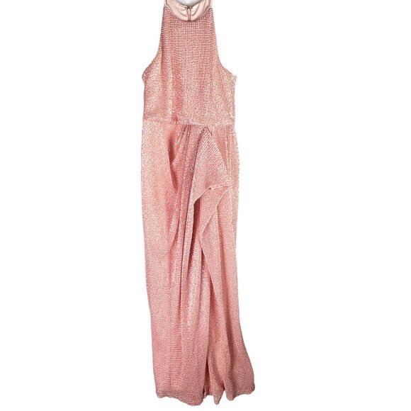 NWT Badgley Mischka Blush Pink Sequin Halter Gown Floor Length Dress Size 8 - Picture 5 of 14
